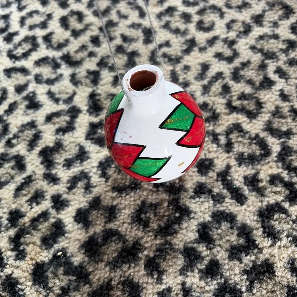 Hand Painted Floral - Clay Terra Cotta Ornament Ball Mexico -‎ Poinsetta Holiday
